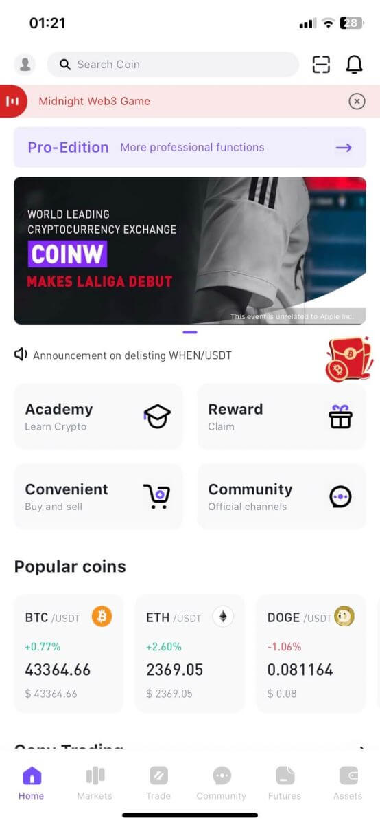 Maitiro ekusaina uye kubvisa kubva kuCoinW Maitiro ekusaina uye kubvisa kubva kuCoinW
